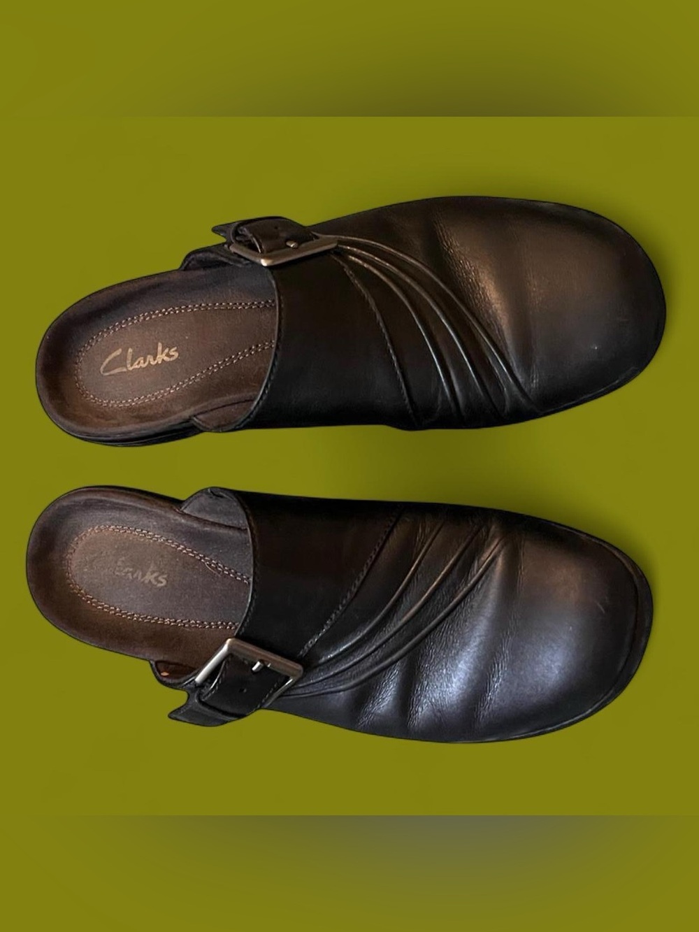 Clarks Black Leather Buckled Slip-On Mule Clogs